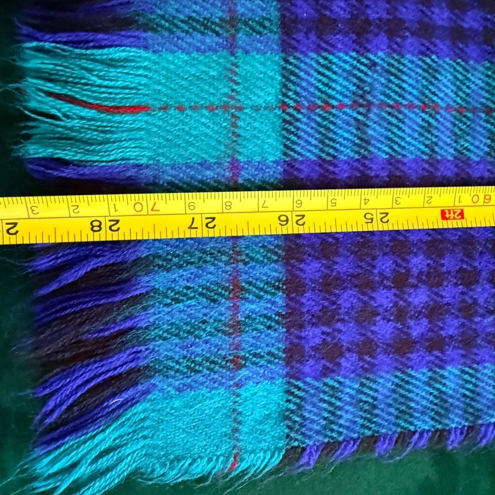Christian Dior Cashluxe Plaid Scarf Blue‎ Teal Green Vintage Acrylic Fringe